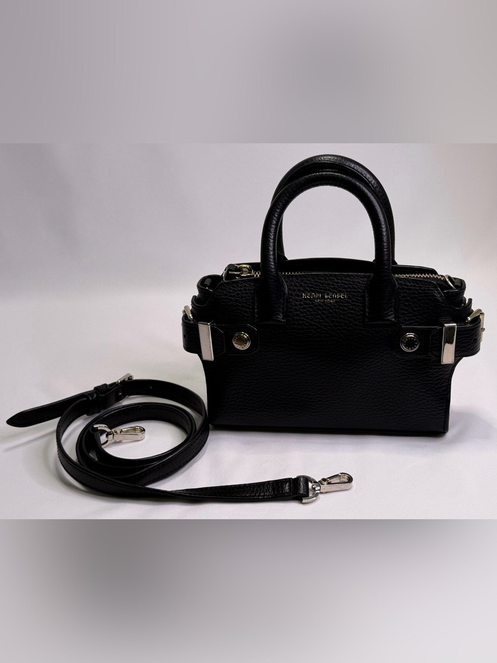 henri bendel Black Pebbled Leather Mini Satchel with Detachable Strap